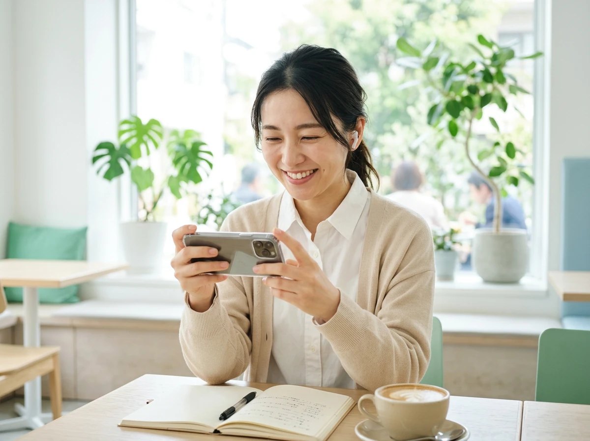 スマートフォンで講義を見ながら笑顔で学ぶ女性